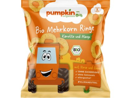 Pumpkin Organics BIO Dmuchane chrupki 20 g – Wielozbożowe kółeczka z marchewki i mango (8. miesiąc)