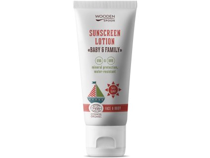 Wooden Spoon Mleczko do ciała przeciwsłoneczne Baby & Family SPF50, Niewidoczny Cynk, Tuba, 100 ml