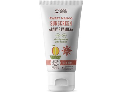 Wooden Spoon Mleczko do opalania Mango Baby & Family SPF50, Niewidoczny cynk, Tuba, 150 ml