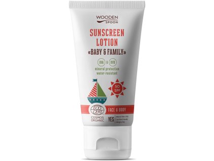 Wooden Spoon Mleczko do ciała przeciwsłoneczne Baby & Family SPF50, Niewidoczny Cynk, Tuba, 150 ml