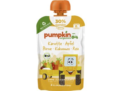 Pumpkin Organics BIO Przecier warzywny – Marchew, jabłko, gruszka, kokos, ryż, od 6. miesiąca, 100 g
