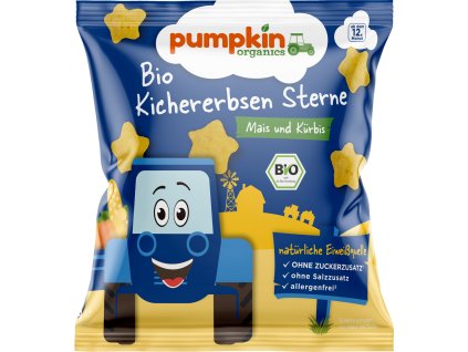 Pumpkin Organics BIO Dmuchane gwiazdki z ciecierzycy – Kukurydza i dynia, od 12. miesiąca, 20 g