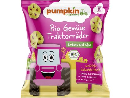 Pumpkin Organics BIO Dmuchane warzywne koła traktora - Groszek i kukurydza, od 12. miesiąca, 20 g
