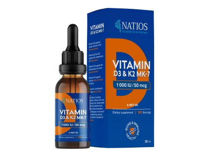 NATIOS Vegan Vitamin D3 & K2 (MK-7), 1000 IU & 50 mcg, Krople ziołowe w oleju MCT, 30 ml