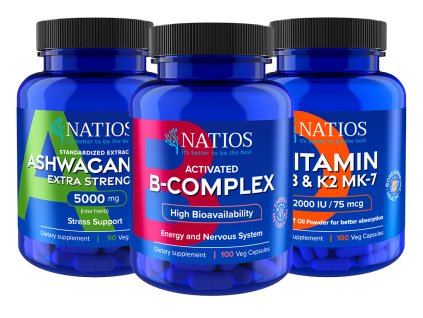 NATIOS Korzystna zestaw Odporność na stres  Ashwagandha, B-Complex, Witamina D3 & K2