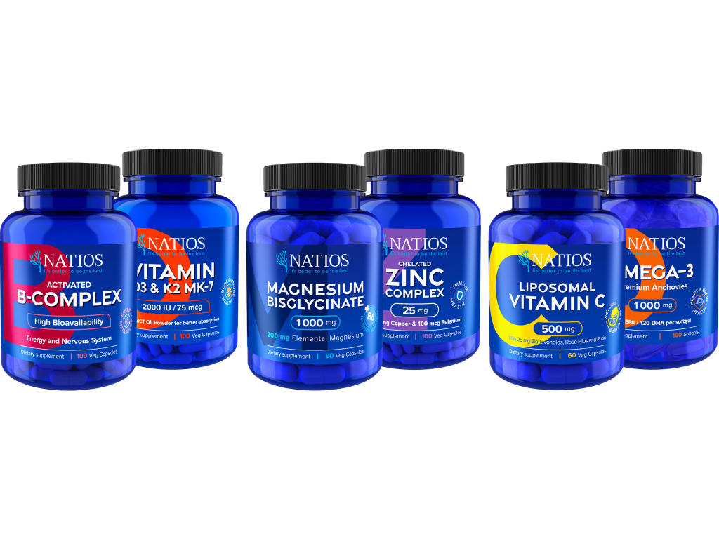 NATIOS Absolute Health balíček 6 produktů - Hořčík, Vitamíny B, C a D3 + K2, Omega 3 a Zinek