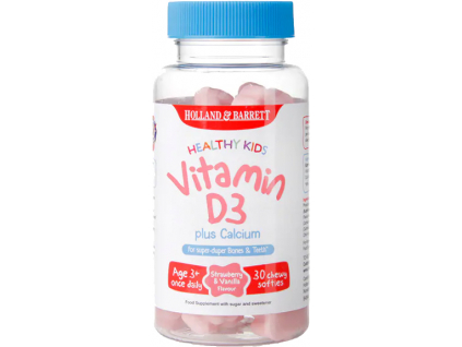 Holland & Barrett Healthy Kids Vitamin D3 + Vápnik pre deti, 200 IU, 30 žuvacích bonbónov.