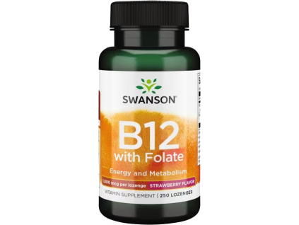 Swanson Vitamin B12 with Folate, 1000 µg, 250 pastiliek s jahodovou príchuťou