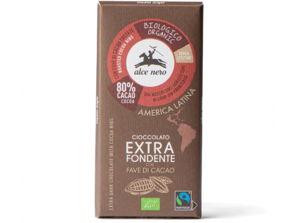 Alce Nero BIO Horká čokoláda 80% s kakaovými bôbmi, Fairtrade, Bezlepková, 100 g