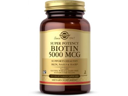 Solgar Biotin, 5000 mcg, 50 rastlinných kapsúl