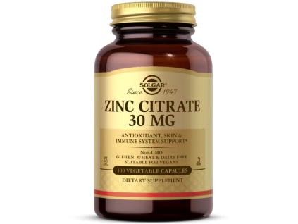 Solgar Zinc Citrate, Zinok citrát, 30 mg, 100 rastlinných kapsúl