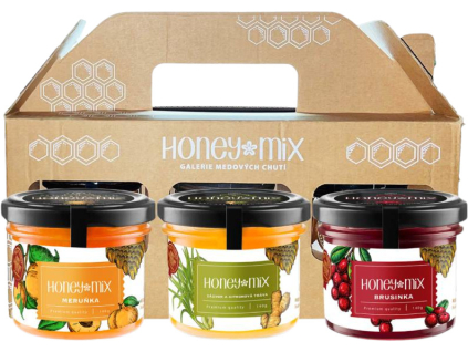 HoneyMix Darčeková sada medov, Marhuľa, Zázvor a citrónová tráva, Brusnica, 3x140 g