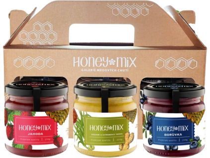 HoneyMix Darčeková sada medov, Jahoda, Zázvor a citrónová tráva, Čučoriedka, 3x250 g