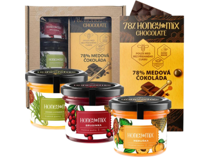 HoneyMix Dárková sada medů s čokoládou, Meruňka, Zázvor a citronová tráva, Brusinka, 3x140 g + medová čokoláda, 60g