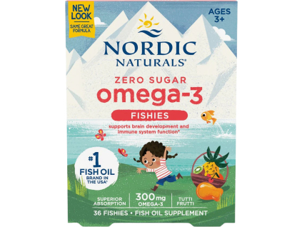 Nordic Naturals Zero Sugar Omega-3 Fishies, Omega-3 pre deti, Tutti Frutti, 300 mg, 36 rybičiek