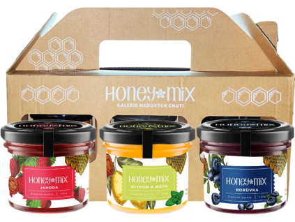 HoneyMix Dárková sada medů, Jahoda, Citrón a máta, Borůvka, 3x140 g