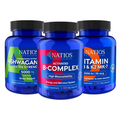 NATIOS Výhodné balení pro odolnost vůči stresu  Ashwagandha, B-Complex, Vitamín D3 & K2