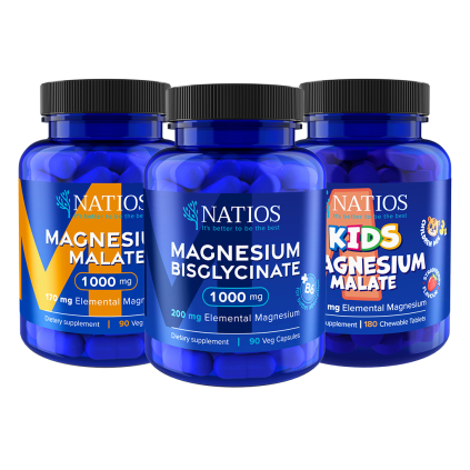 NATIOS Výhodné balení Hořčíky pro celou rodinu  Hořčík Malát, Hořčík Bisglycinát, Kids Hořčík Malát