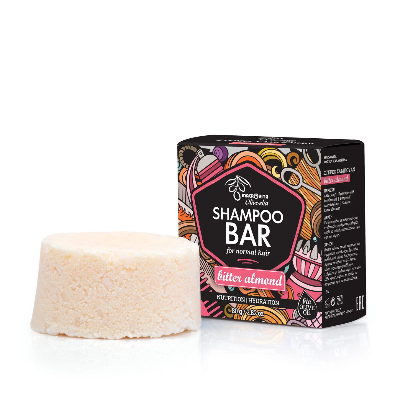 Macrovita Olive-Elia Shampoo Bar for Normal Hair Bitter Almond - Tuhý šampón pre normálne vlasy s mandľami   80 g
