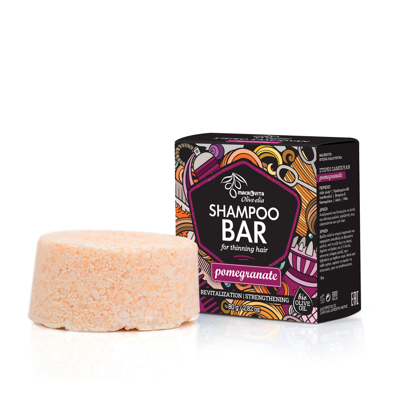 Macrovita Olive-Elia Shampoo Bar for Thinning Hair Pomegranate - Tuhý šampón pre riedke vlasy s granátovým jablkom  80 g