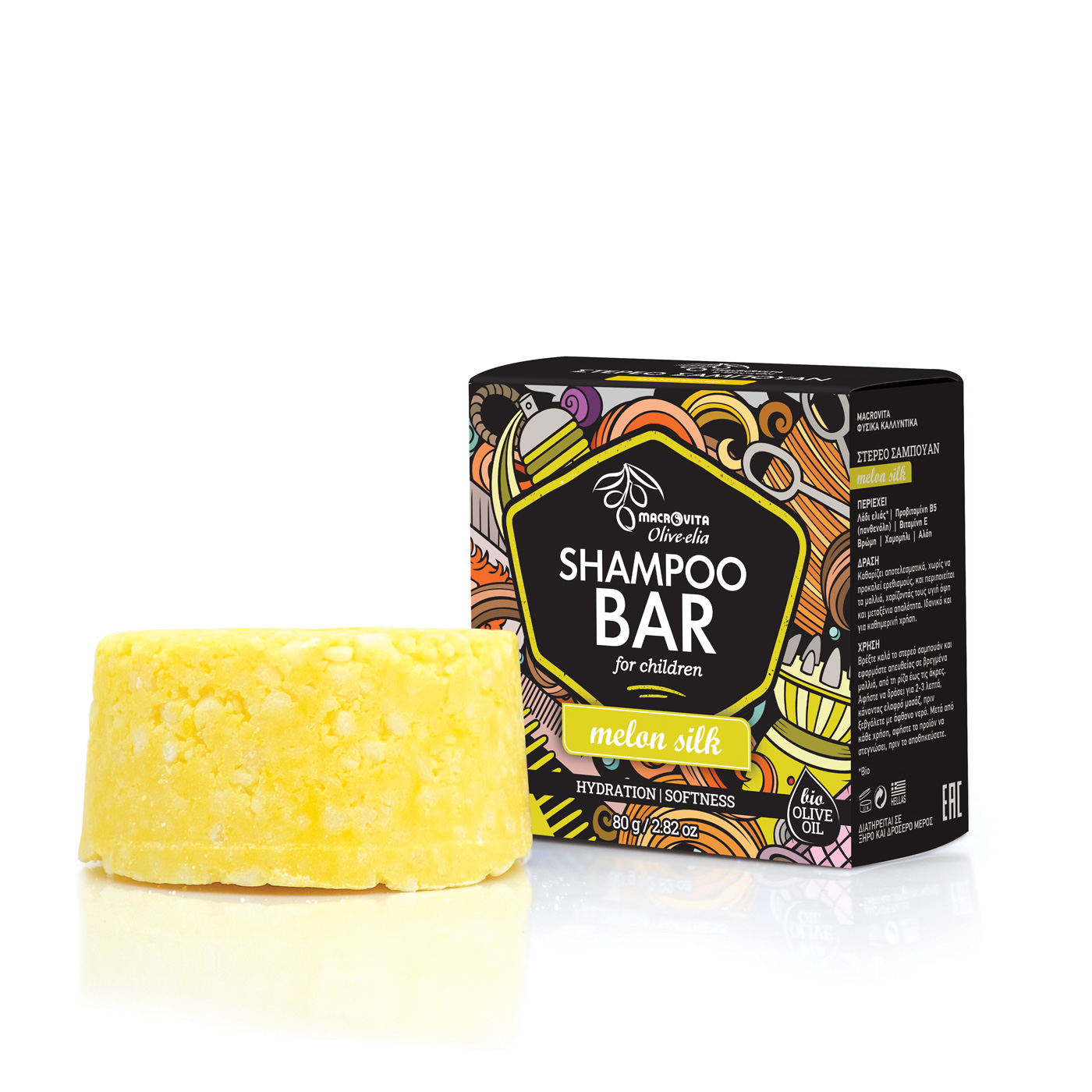 Macrovita Olive-Elia Shampoo Bar for Children Melon Silk - Tuhý šampón pre deti s vôňou melónu  80 g