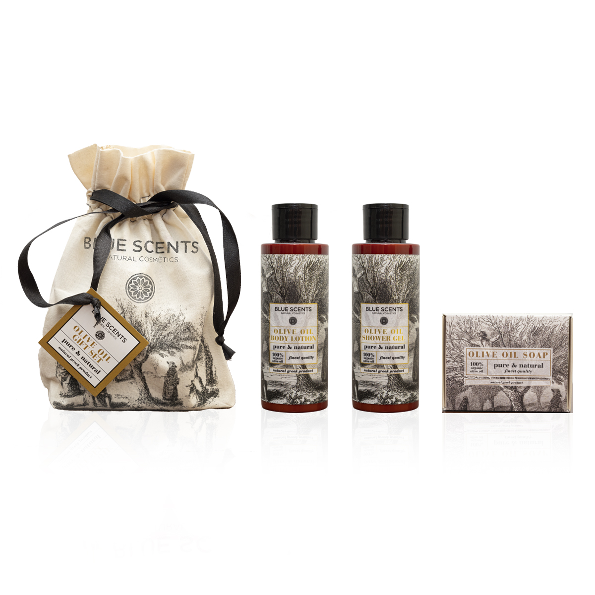 Blue Scents Gift set olive oil  - Darčekový set s olivovým olejom mini   100 ml + 100 ml + 135 g