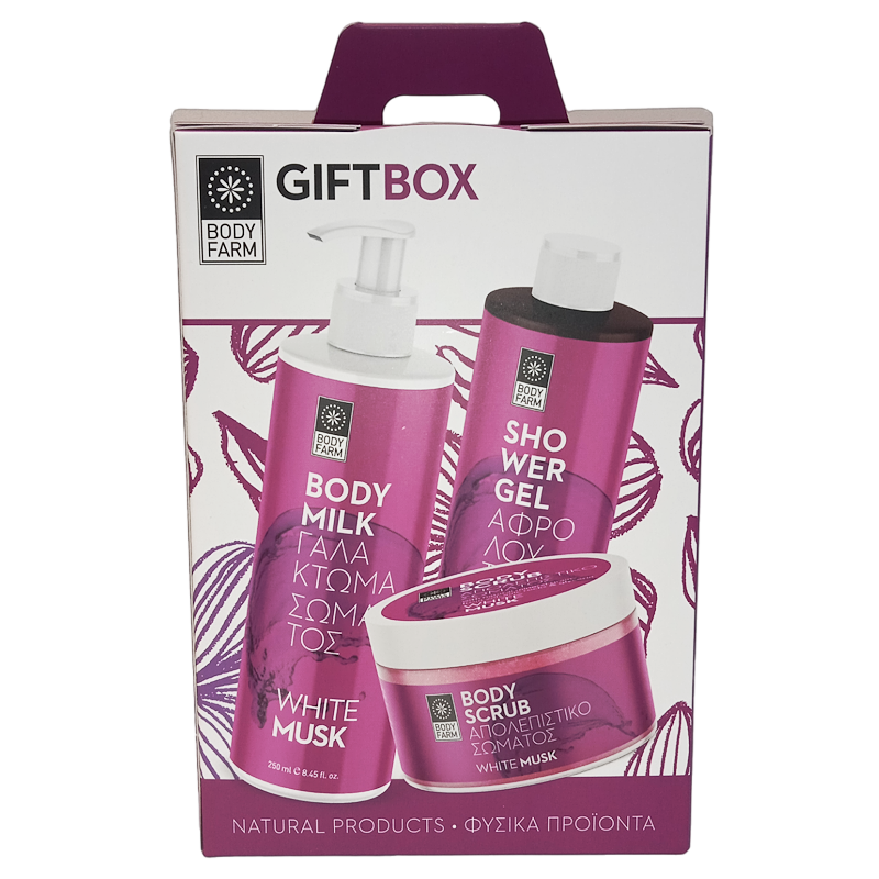 Bodyfarm Gift box white musk (SG + BM + BS) - Darčekový box s bielym pižmom  250 ml + 250 ml + 200 ml