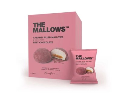 The Mallows - penové cukríky plnené karamelom, v ruby čokoláde s malinami, 5x16g, 80g