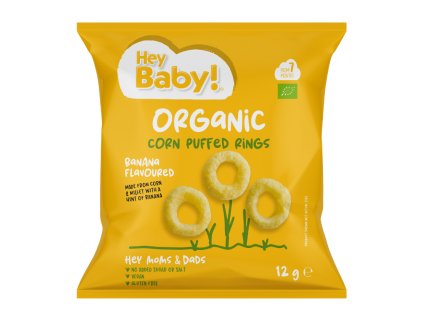heybaby kukuricne chrumky v tvare kruzkov s bananovou prichutou bio 12g