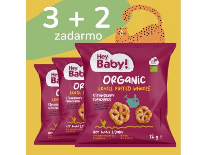 3+2 Hey Baby! – Chrumky z červenej šošovice s príchuťou jahody a cvikly, BIO 12g