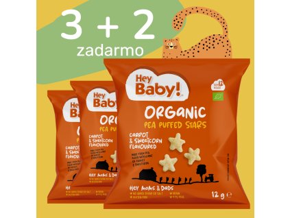 3+2 Hey Baby! – Hráškové chrumky s mrkvou a kukuricou, BIO 12 g