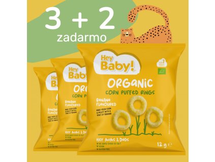 3+2 Hey Baby! – Kukuričné chrumky v tvare krúžkov s banánovou príchuťou, BIO 12 g