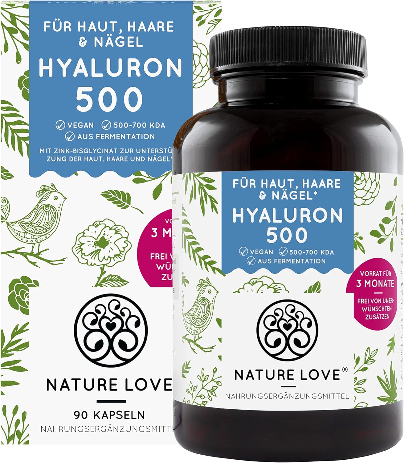 NATURE LOVE® Hyaluron 500 Hialuronsav + cink 90 kapszula