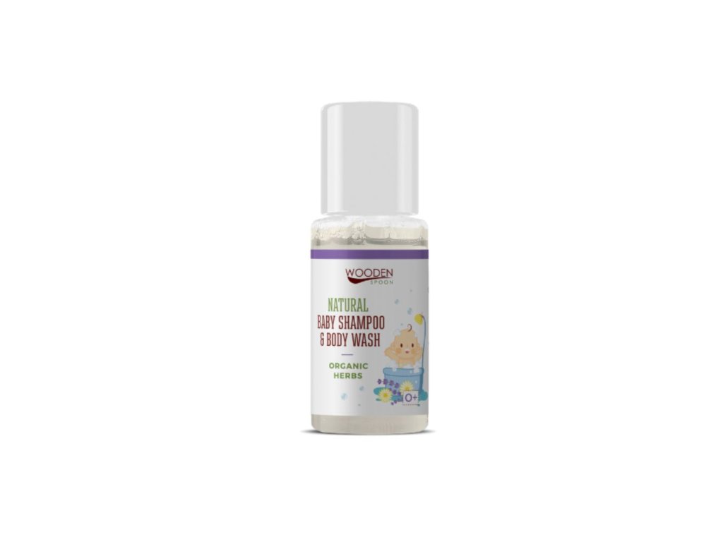 Prírodný detský sprchový gél a šampón 2v1 s bylinkami Wooden Spoon 10ml vzorka ECO CERT Cosmos Organic