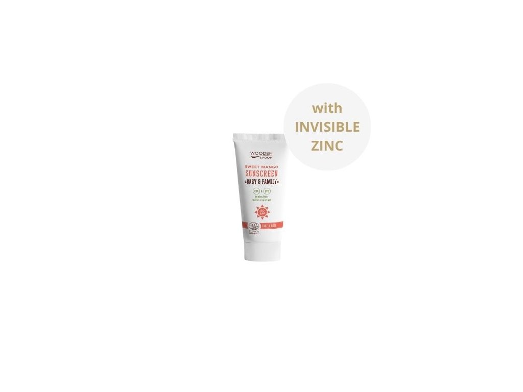 Minerálny opaľovací krém na telo a tvár Mango Baby & Family SPF50 Wooden Spoon mini 10ml vzorka ECO CERT Cosmos Organic