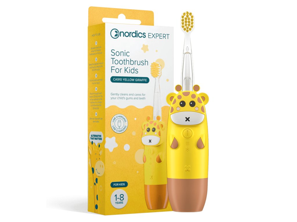 Sonická detská zubná kefka Žltá žirafa 1-8 rokov Nordics Oral Care Cruelty free