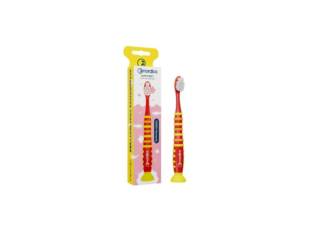 Detská zubná kefka od 4+ rokov Soft 10500 štetín červená raketa Nordics Oral Care Cruelty free