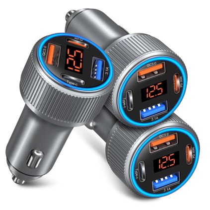 Výkonný USB auto adaptér s voltmetrom – 65W, 3 porty, sivý