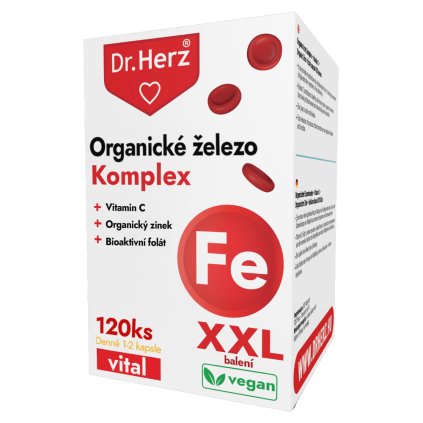 DR Herz Organický komplex železa + vitamín C + organický zinek + folát tobolky 120 ks XXL