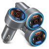 Výkonný USB auto adaptér s voltmetrom – 65W, 3 porty, sivý