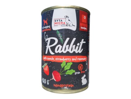 Syta Micha Nassfutter für Hunde mit Kaninchenfleisch, Steckrübe, Erdbeeren und Rosmarin – Monoprotein, getreidefrei, 400g Dose für empfindliche Hunde