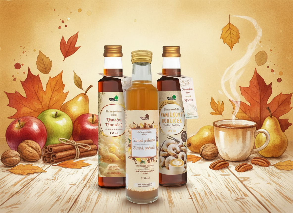 Tři lahve sirupů Naturprodukt pro podzimní dny