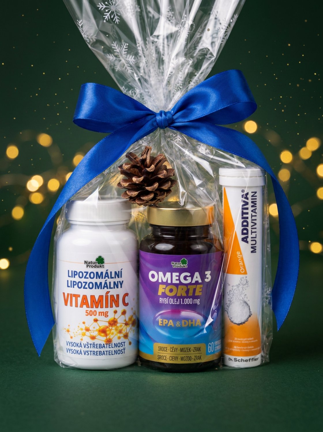 Vánoční dárkový balíček Naturprodukt v celofánu s červenou mašlí