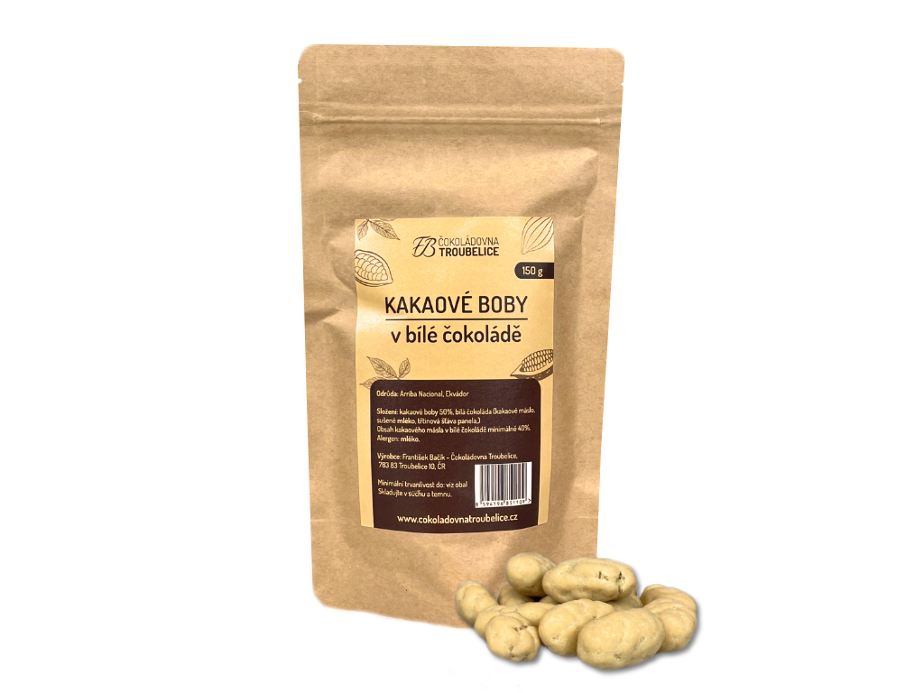 Čokoládovna Troubelice Kakaové boby v bílé čokoládě Hmotnost: 150 g
