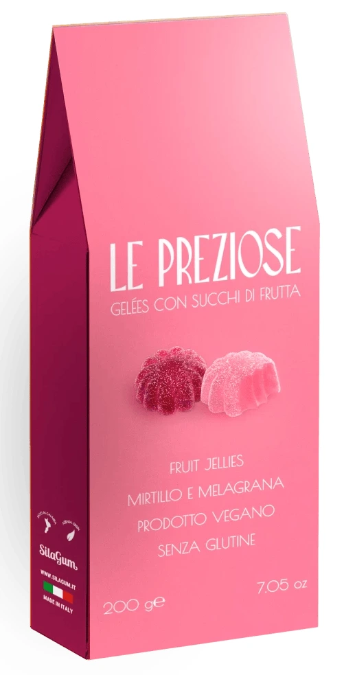 La Preziose Le Preziose želatinové bonbóny s ovocnou šťávou z borůvek a granátového jablka, 200g