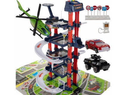 čtyřpatrové parkoviště s dráhou pro auta a příslušenstvím