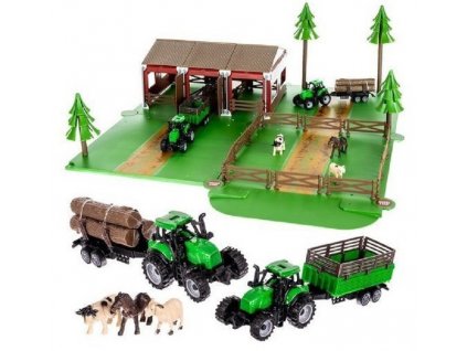 okuzľujúca farma so zvieratami a farmárskymi vozidlami