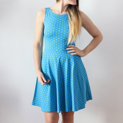Půlkolové šaty puntík / tyrkys + zelená (Barva Tyrkysová, Velikost S)