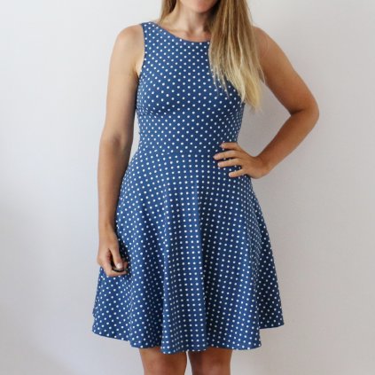 Půlkolové šaty puntík / džínová modrá + 3 barvy (Barva Džínová modrá, Velikost M)