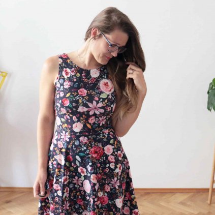 Půlkolové šaty tílkové / půlnoční louka BIO (Barva Tmavě modrá, Velikost L)